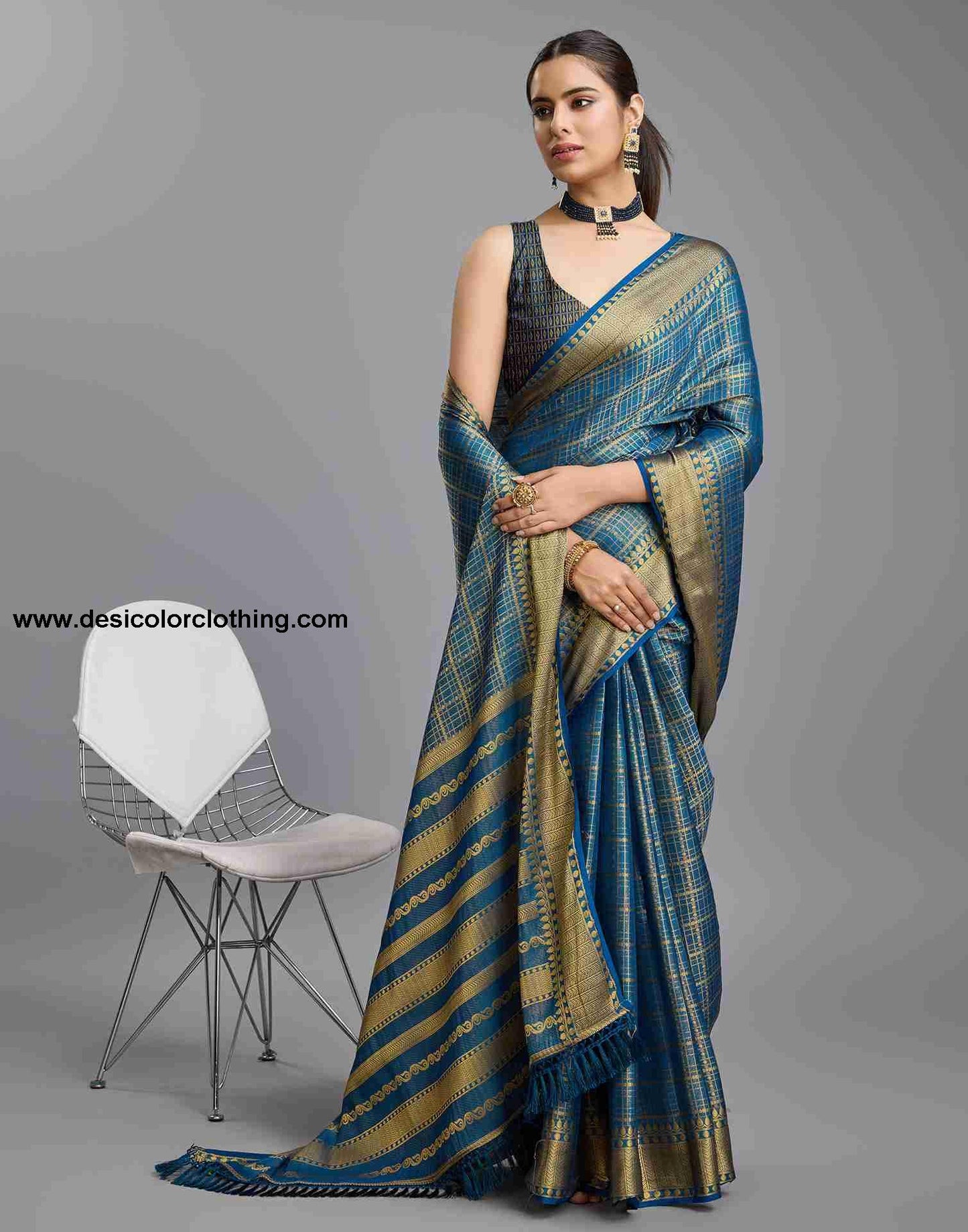 Elegant Sea Blue Banarasi Silk Saree with Woven Tassel Detailing
