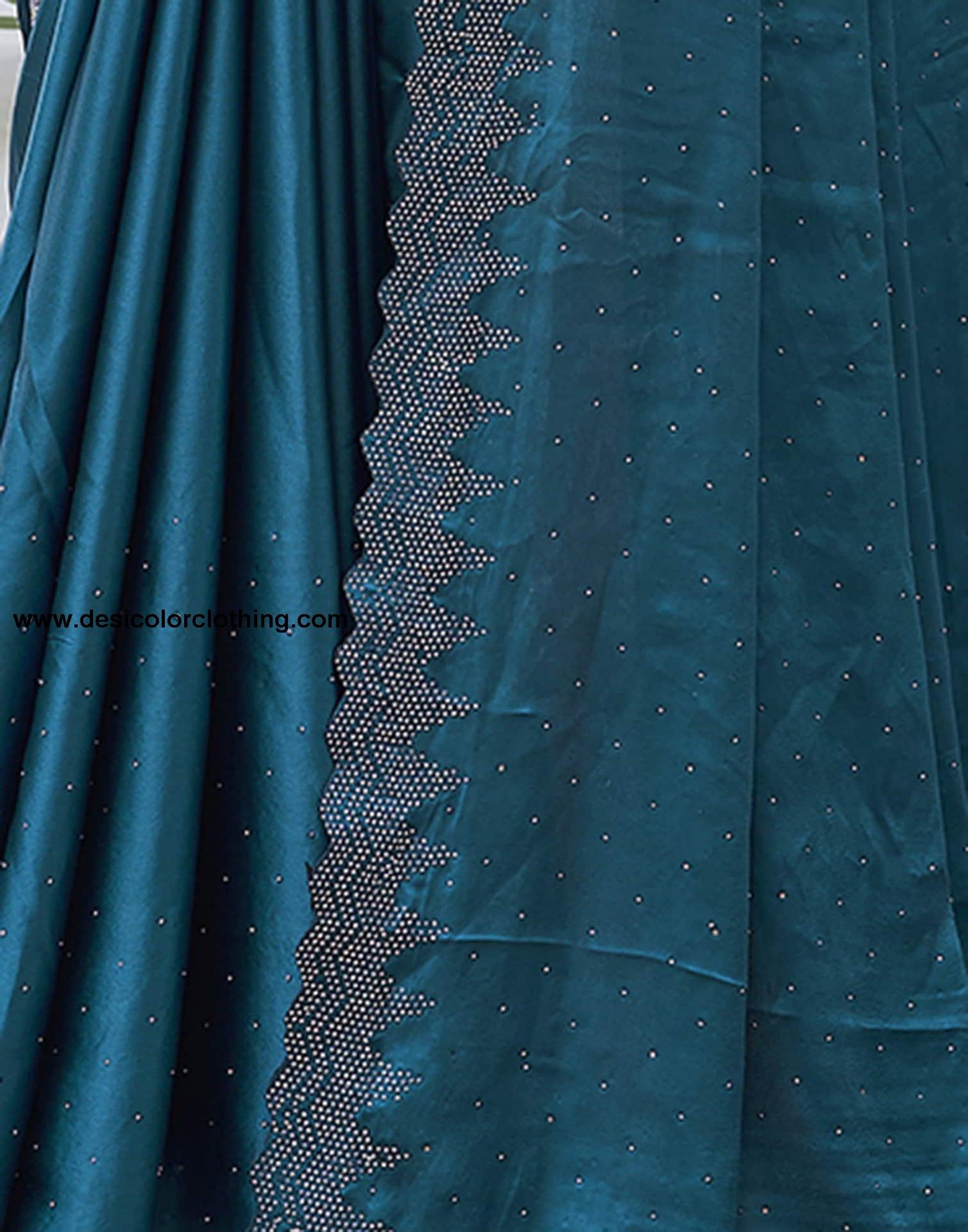 Blue Swarovski Satin Plain Saree
