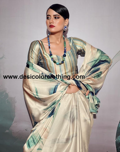 Cream Silk Printed Sarees