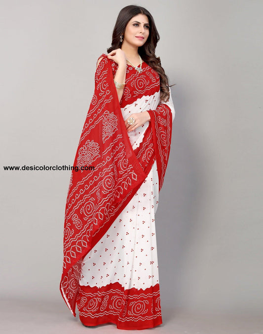 Red And White Bandhani Printed Saree