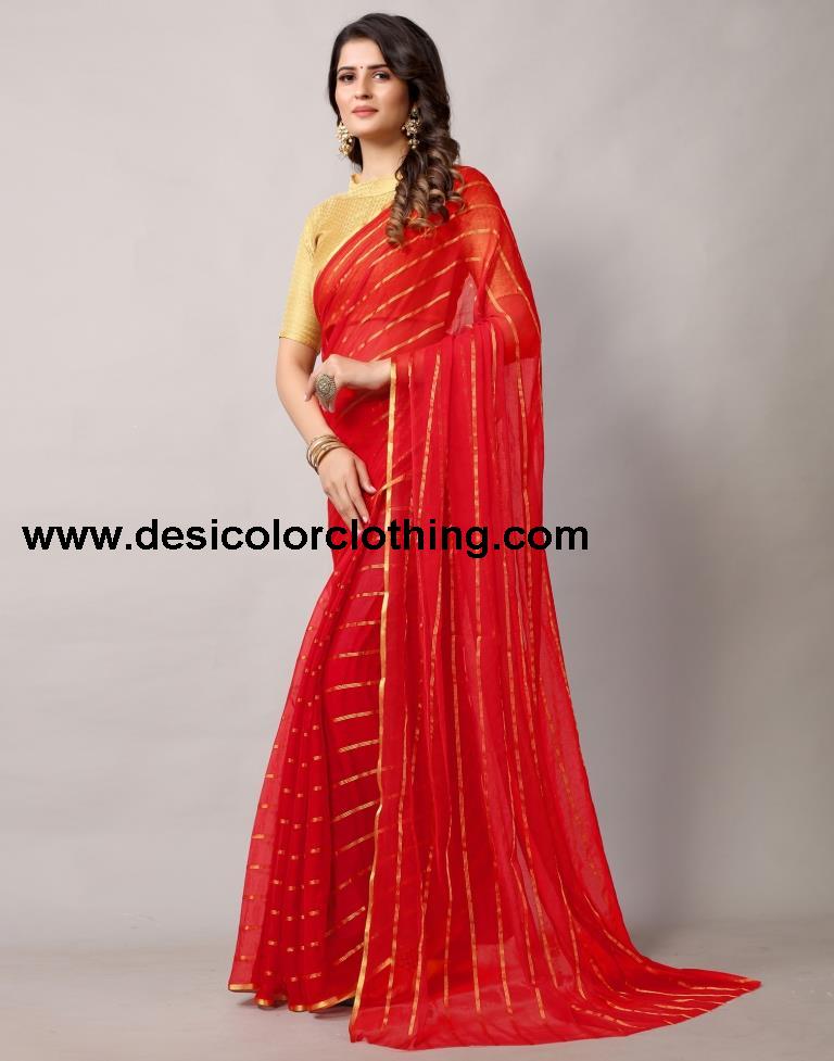 Red Plain Chiffon Saree