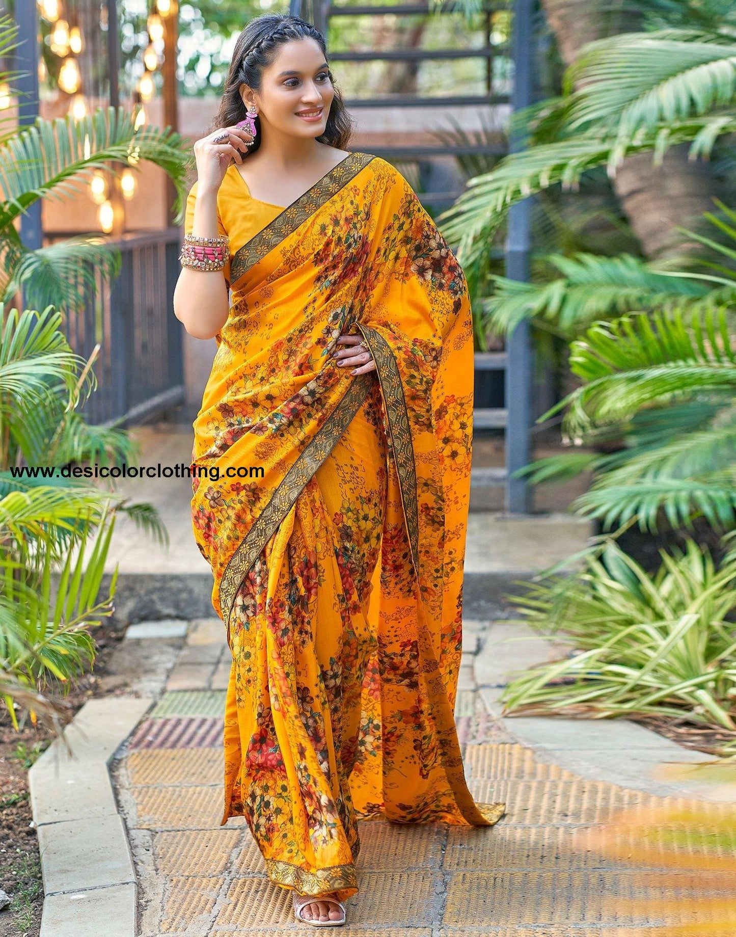Turmeric Yellow Printed Silk Saree