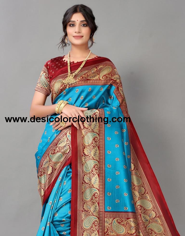 Peacock Blue Printed Silk Saree