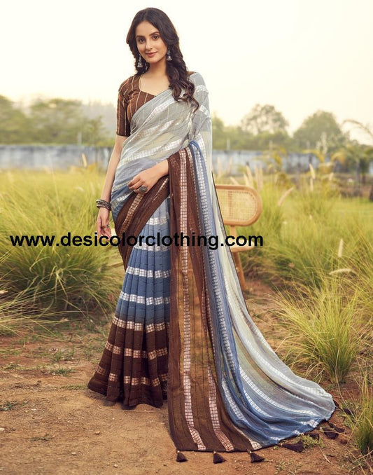 Brown Georgette Plain Saree