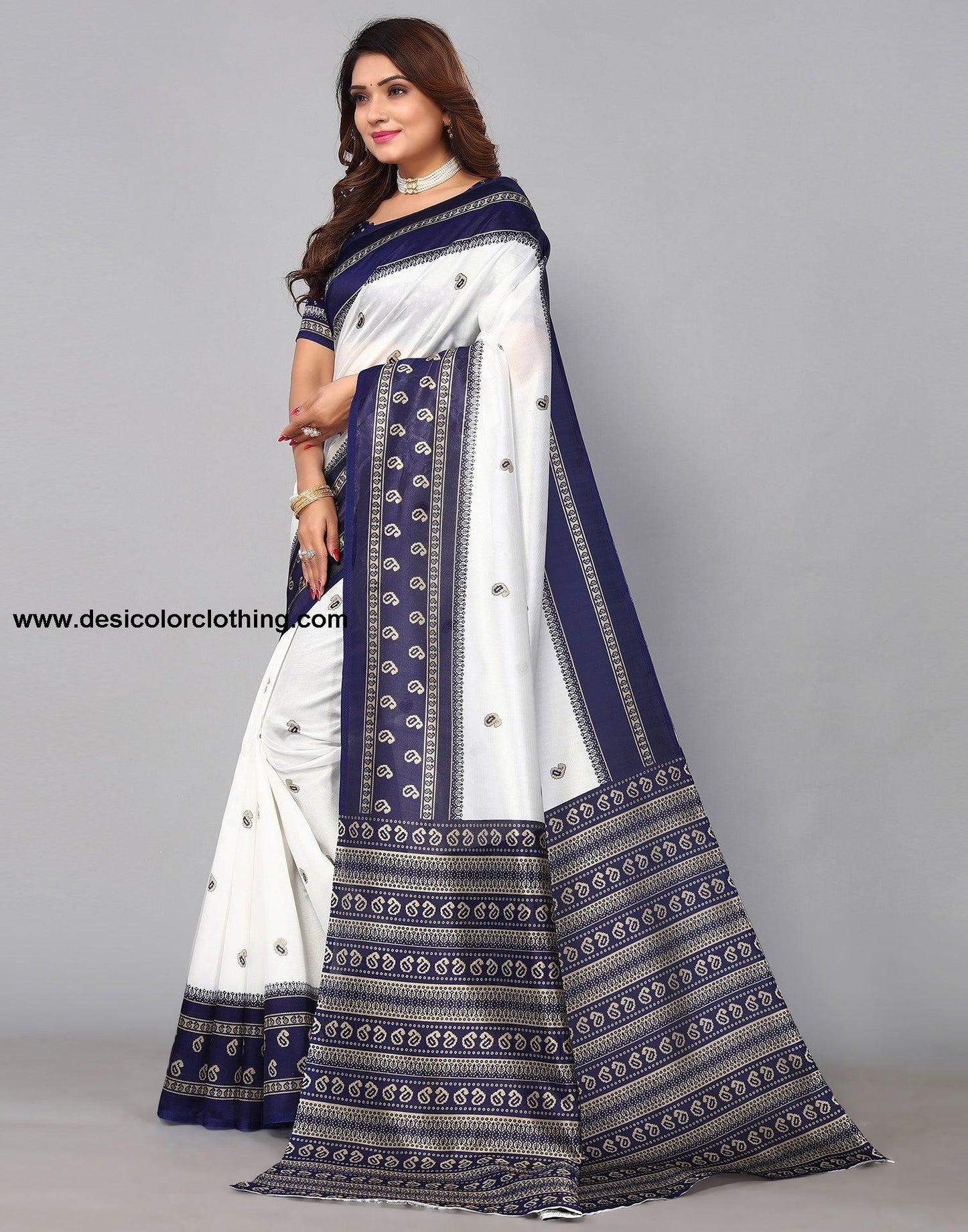 White Silk Printed Saree