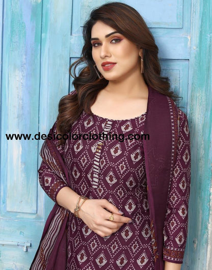 Wine Printed Cotton Unstitched Salwar Suit Material