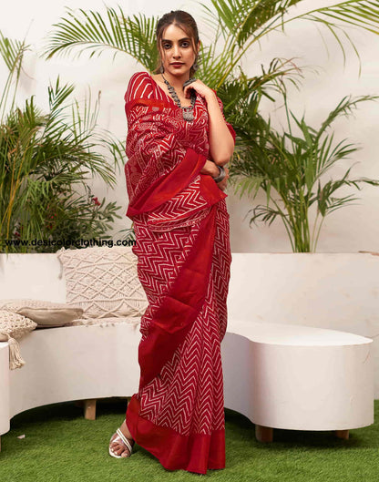 Red Cotton Printed Saree