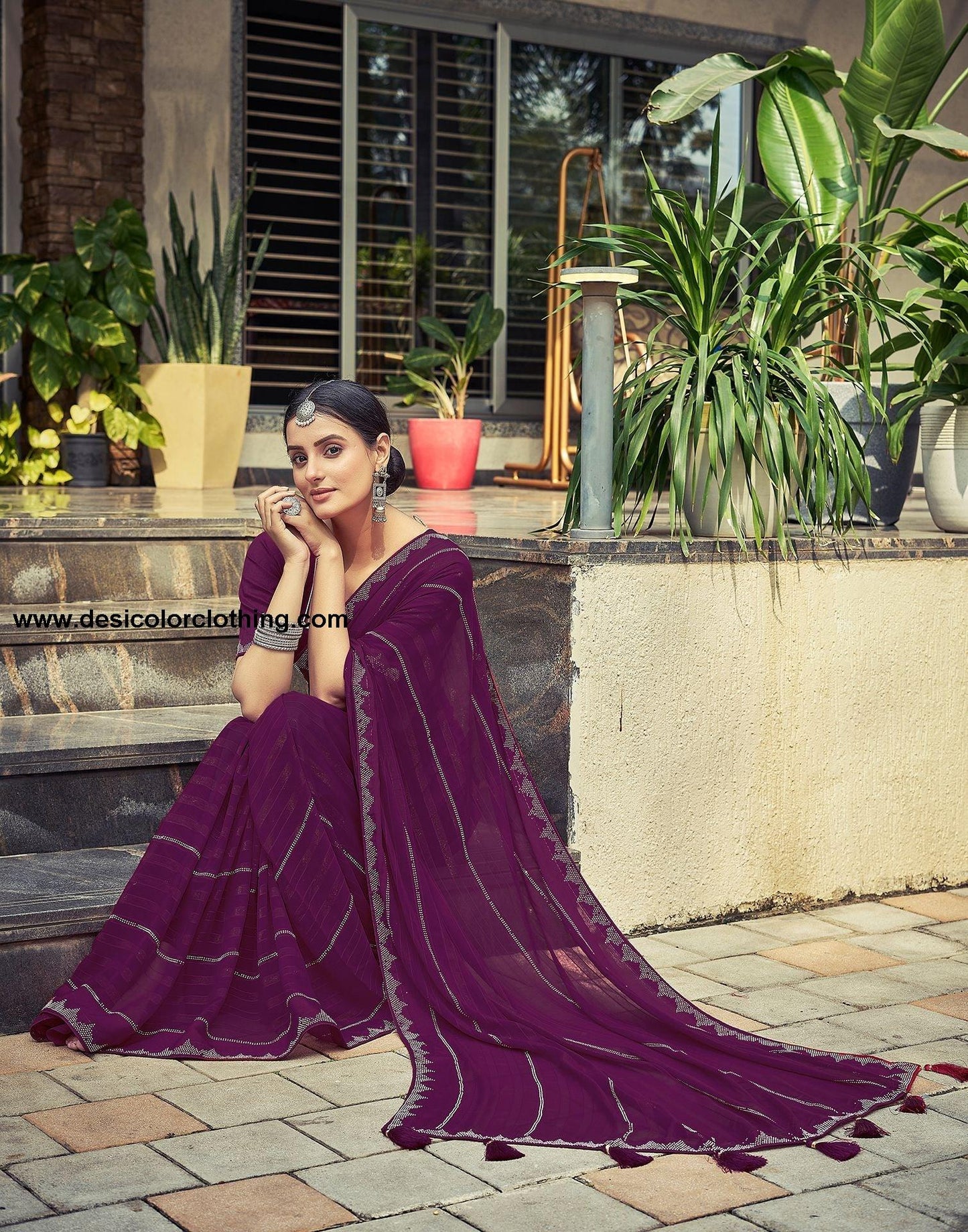 Wine Plain Georgette Saree