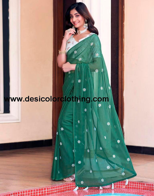 Dusty Green Georgette Embroidery Saree