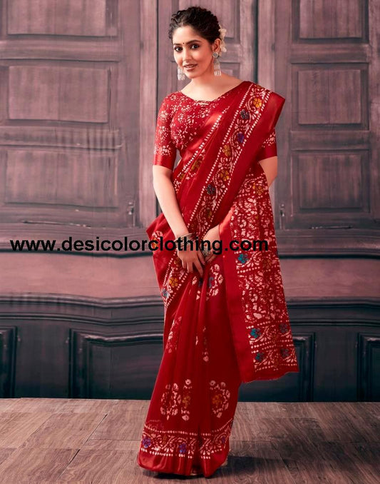 Red Cotton Printed Sarees