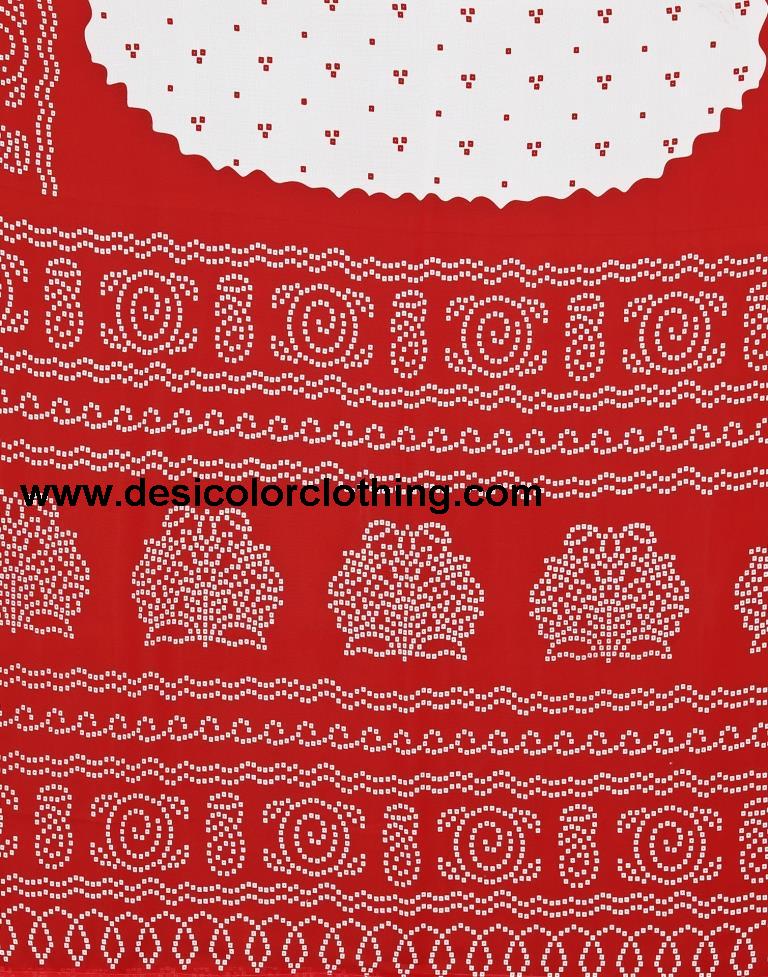 Red And White Bandhani Printed Saree
