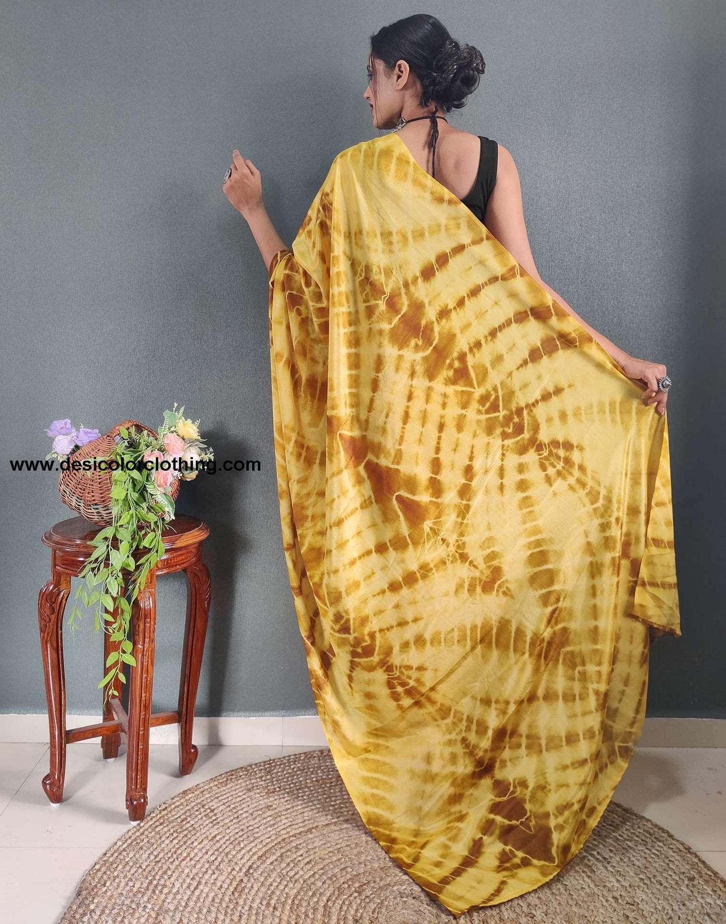 Yellow Printed Silk Pre-draped Saree