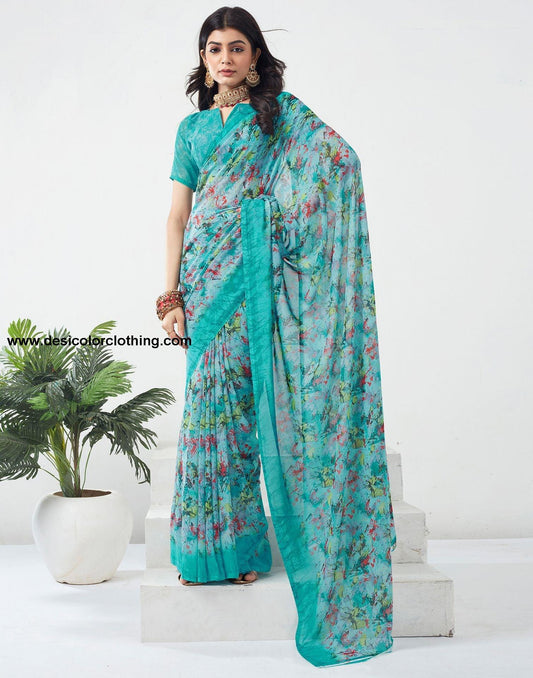 Turquoise Printed Georgette Saree