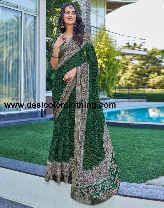 Dark Green Georgette Printed Saree