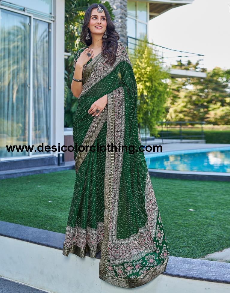Dark Green Georgette Printed Saree