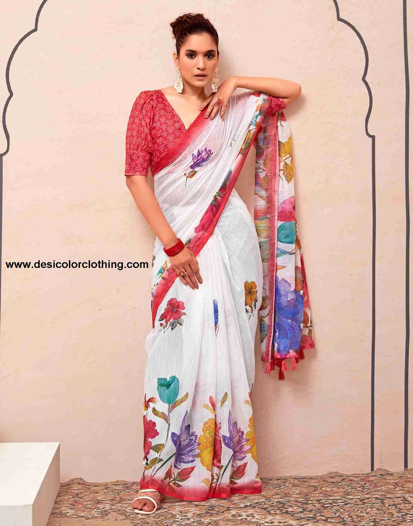 White Cotton Printed Saree