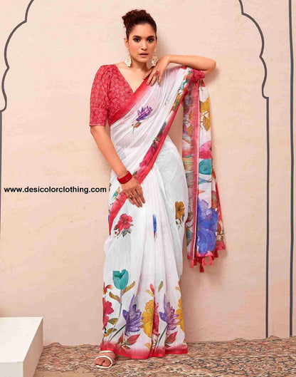 White Cotton Printed Saree