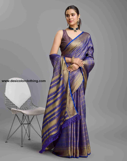 Sophisticated Dark Blue Banarasi Silk Saree with Woven Tassel Accents