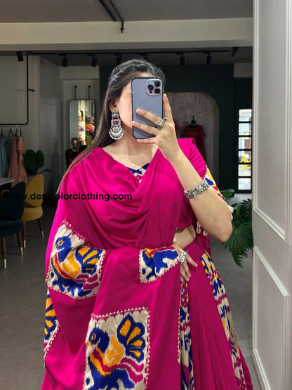 Rayon Printed Silk Lehenga Choli with Gota Patti and Cowrie Lace Detailing