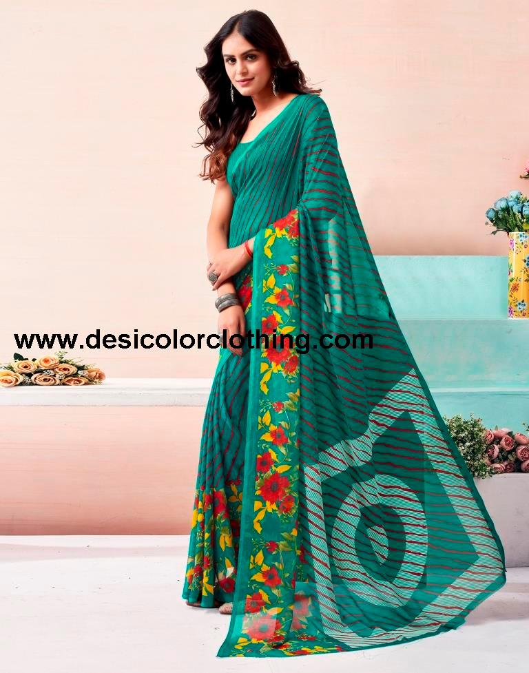 Teal Green Renial Printed  Saree