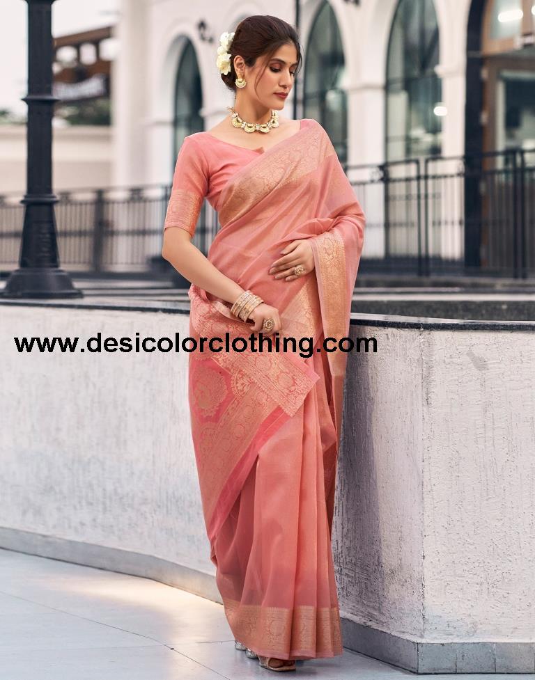 Rose Pink Organza Woven Saree