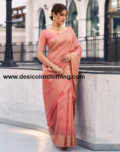Rose Pink Organza Woven Saree