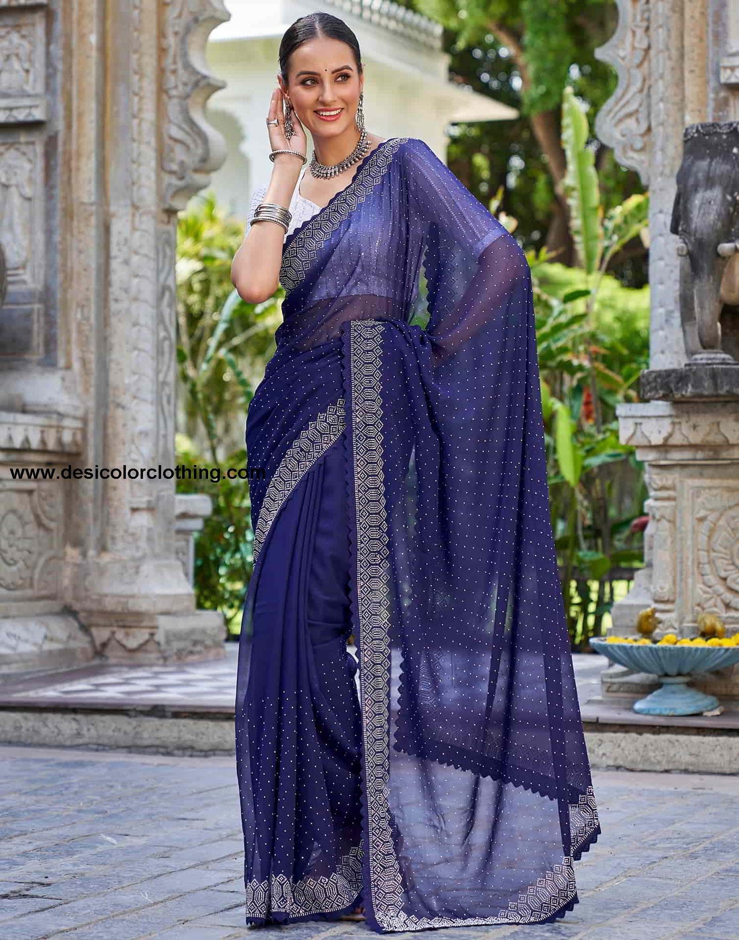 Blue Swarovski Georgette Stone Work Saree