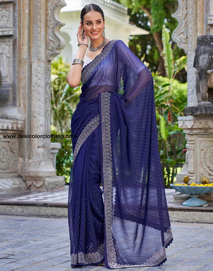 Blue Swarovski Georgette Stone Work Saree