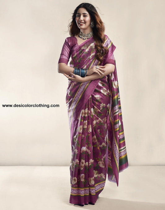 Raspberry Pink Floral Silk Saree