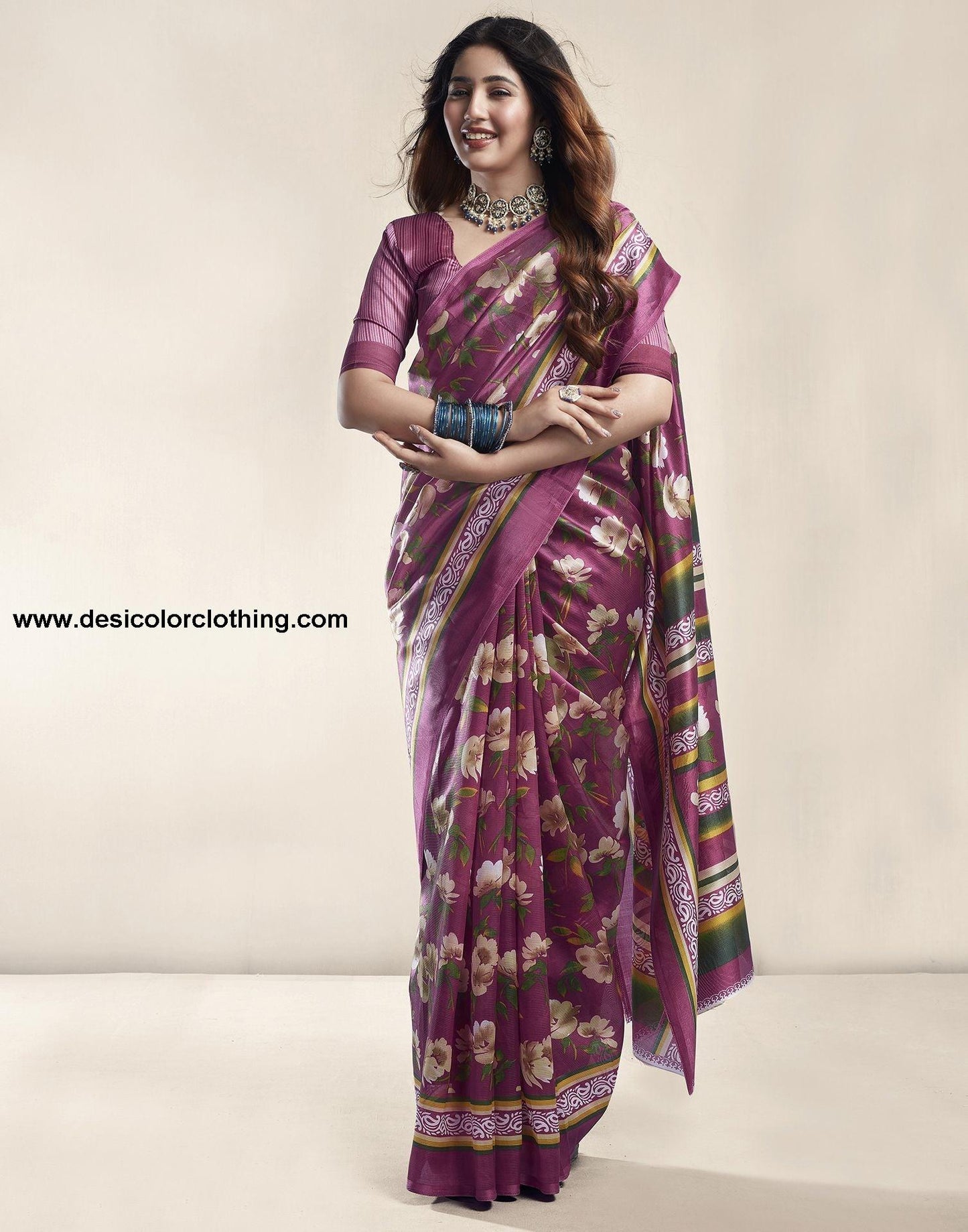 Raspberry Pink Floral Silk Saree