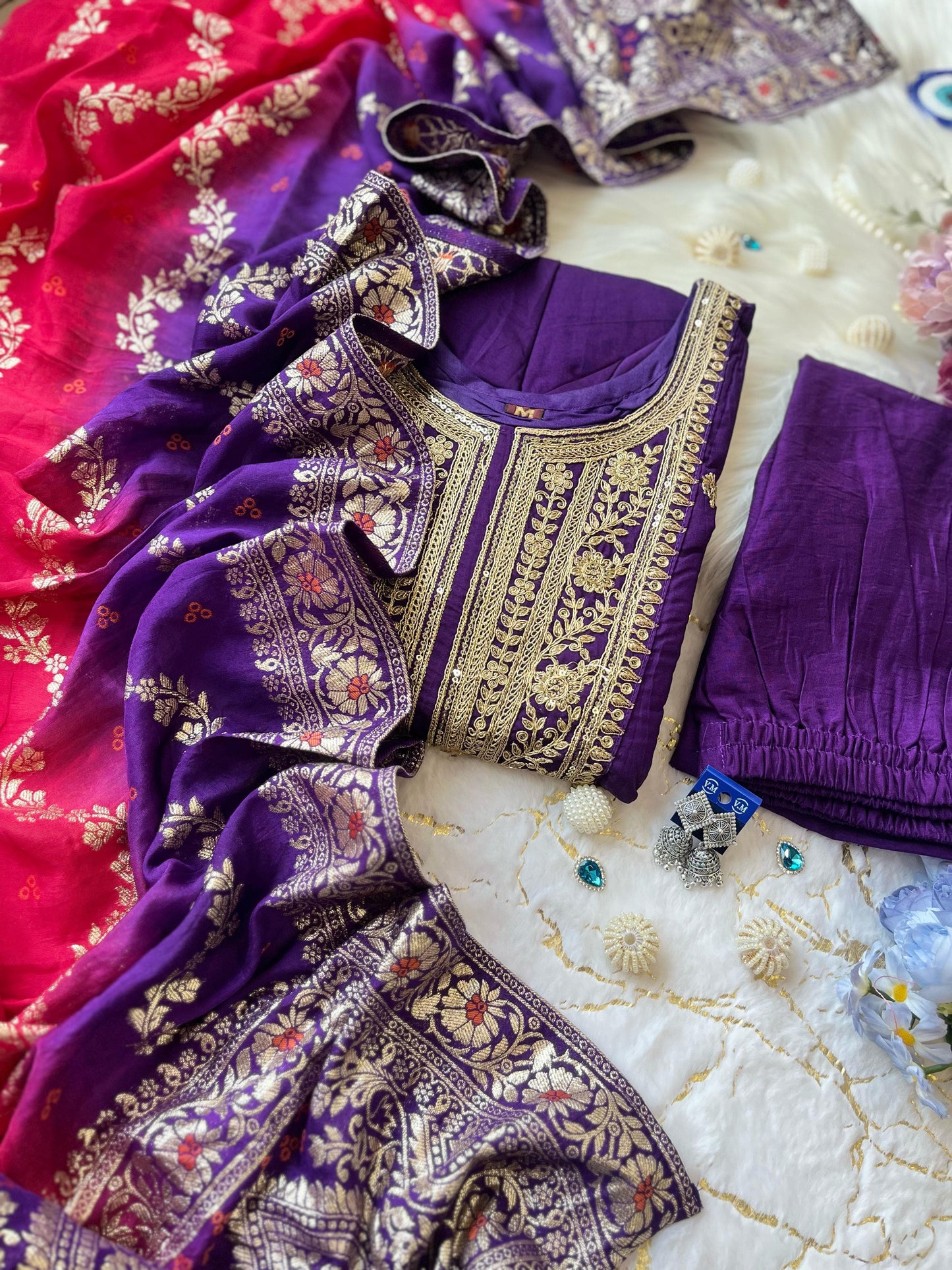 Product Image - Exquisite Anarkali Flared Silk Kurti Pant Dupatta Set