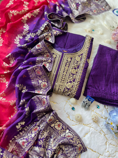 Product Image - Exquisite Anarkali Flared Silk Kurti Pant Dupatta Set