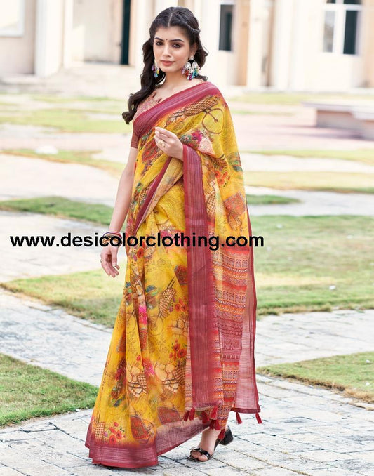 Turmeric Yellow Linen Printed Sarees