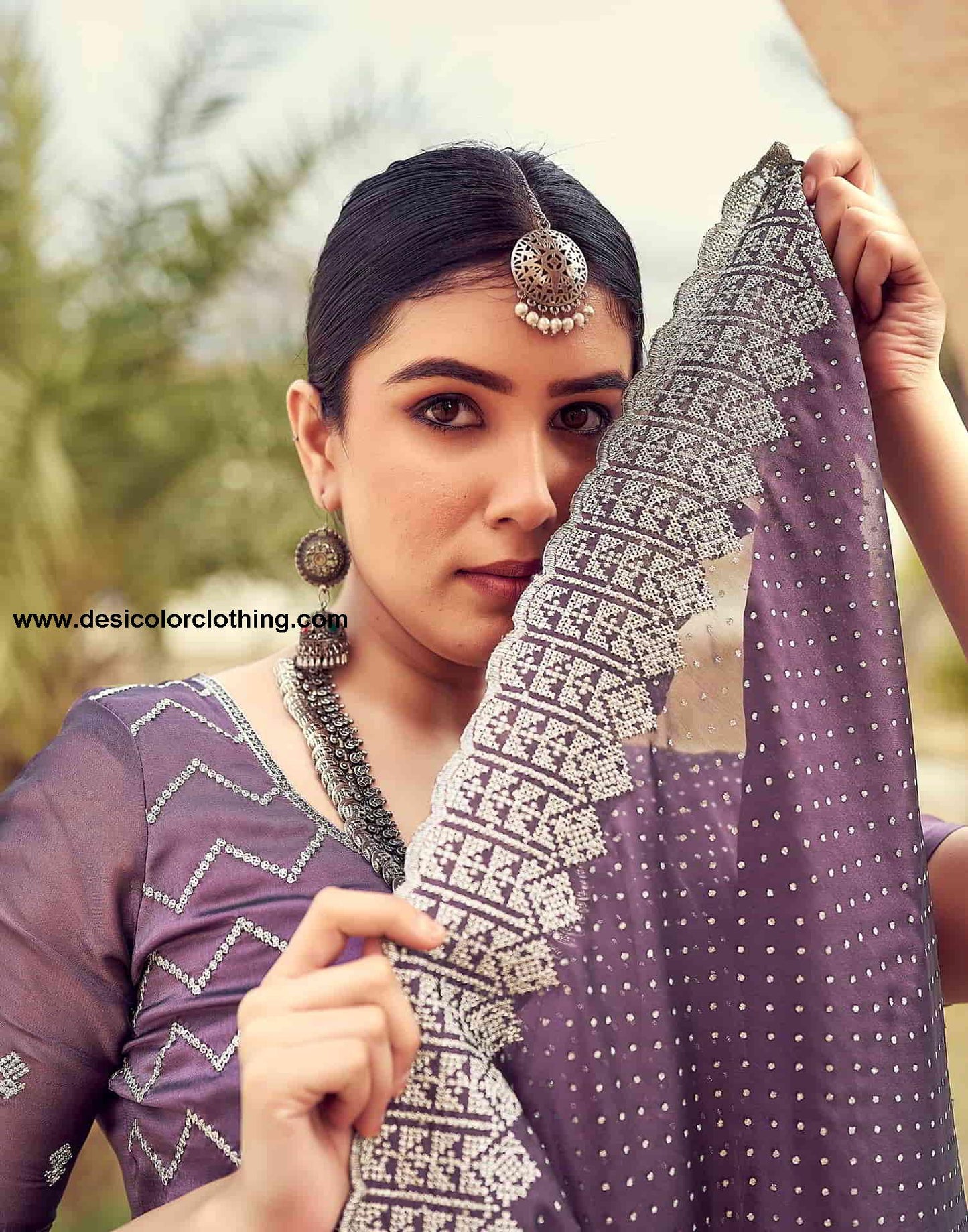 Purple Swarovski Georgette Embroidery Saree