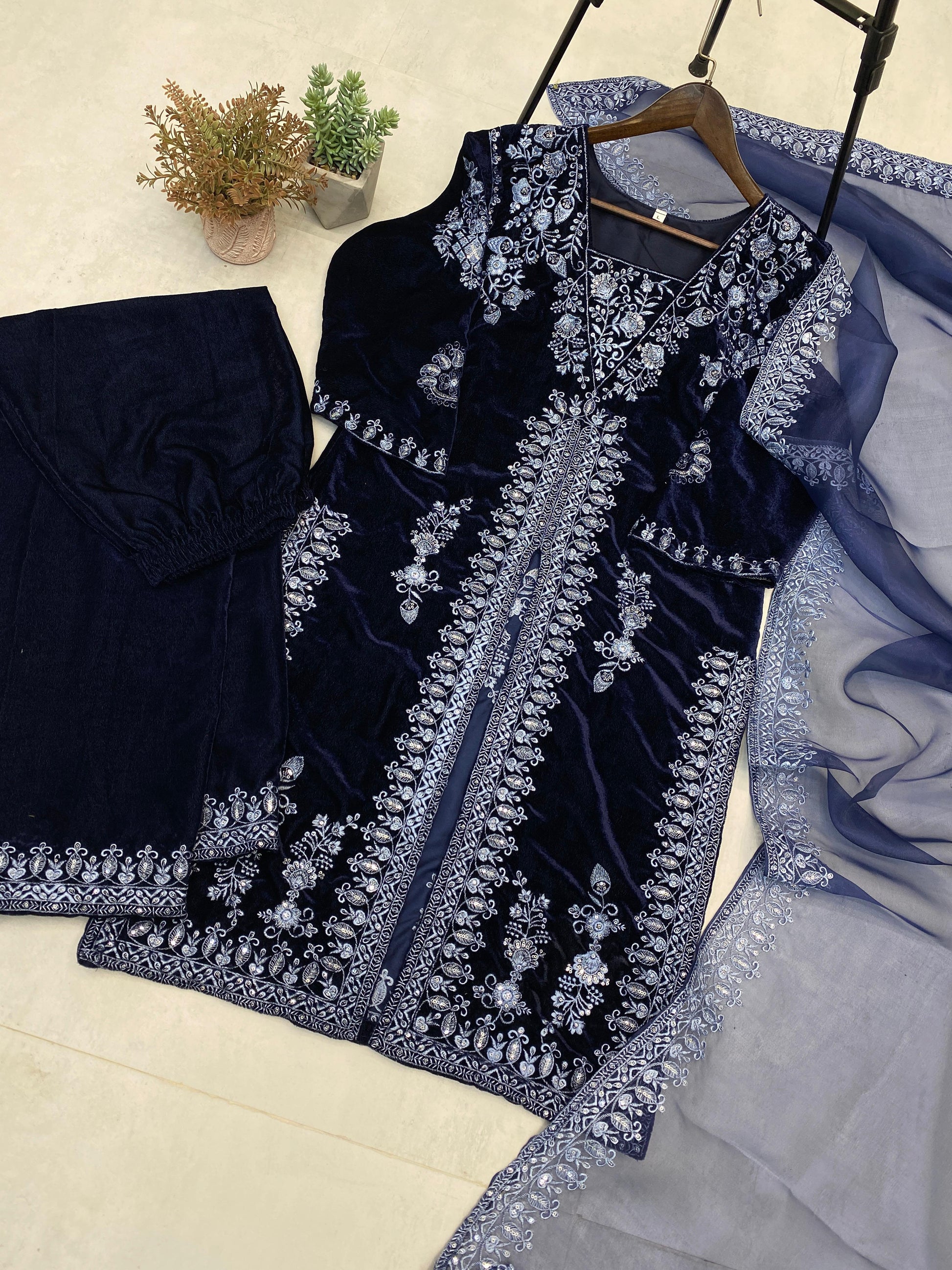 Product Image - Adorable Heavy Velvet Sequence Embroidery Work Suit with Plazo and Dupatta