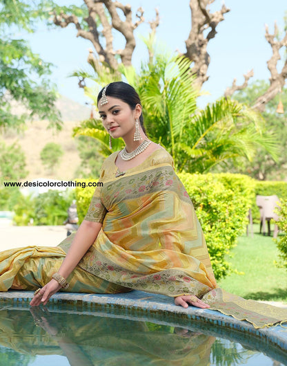 Yellow Woven Banarasi Organza Saree