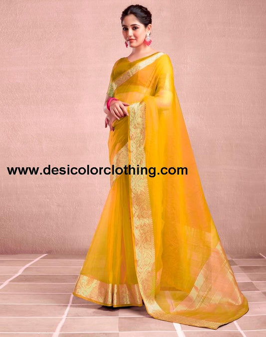 Yellow Orgenza Plain Saree