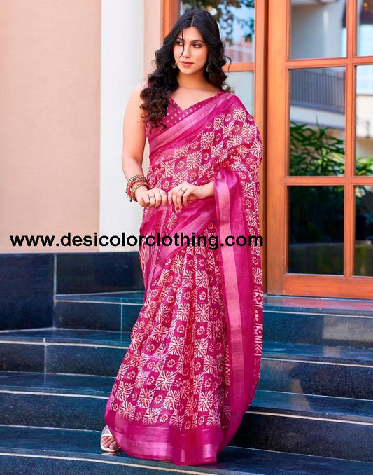 Pink Printed Cotton Saree