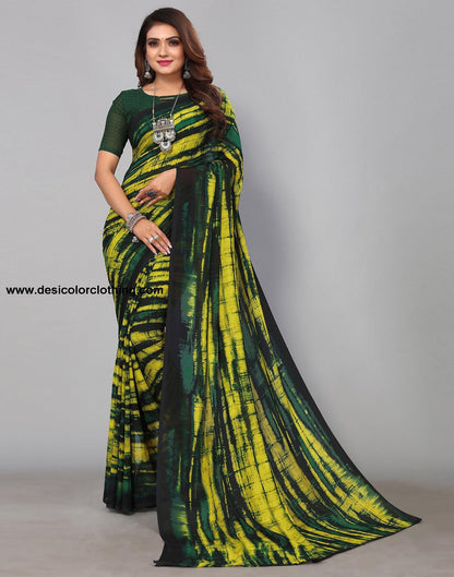 Dark Green & Yellow Georgette Printed Saree