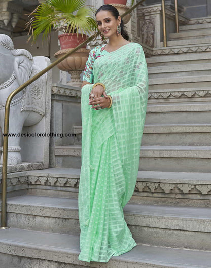 Turquoise Checkered Chiffon Woven Saree