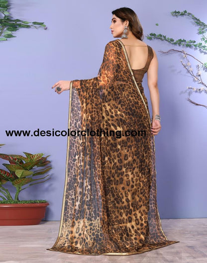 Dark Brown Chiffon Animal Printed Saree