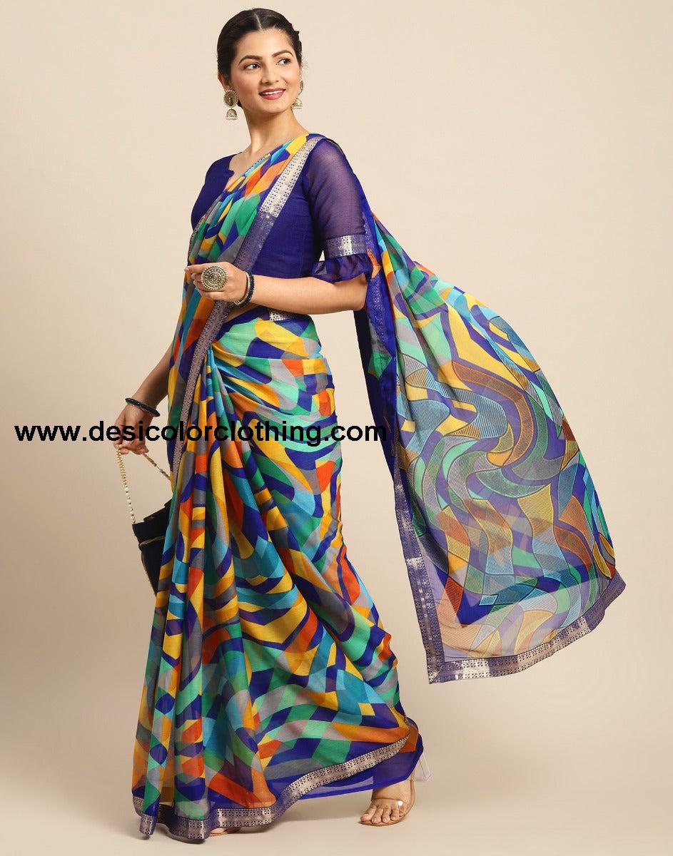 Royal Blue Coloured Chiffon Geometric Printed Saree | SLV2212S1032