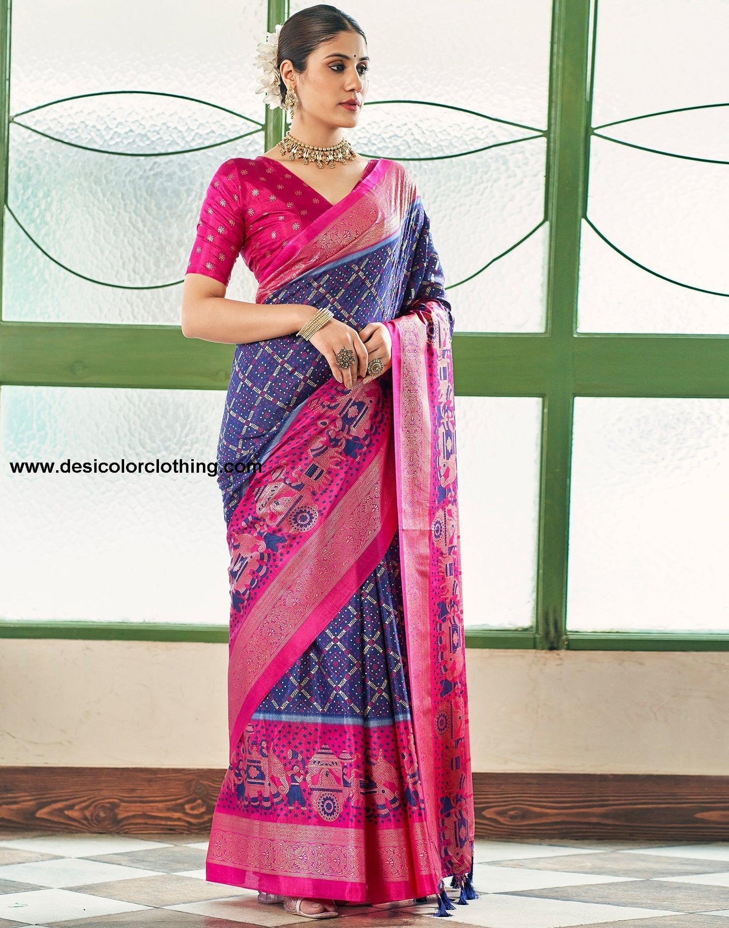 Dark Blue Silk Printed Saree
