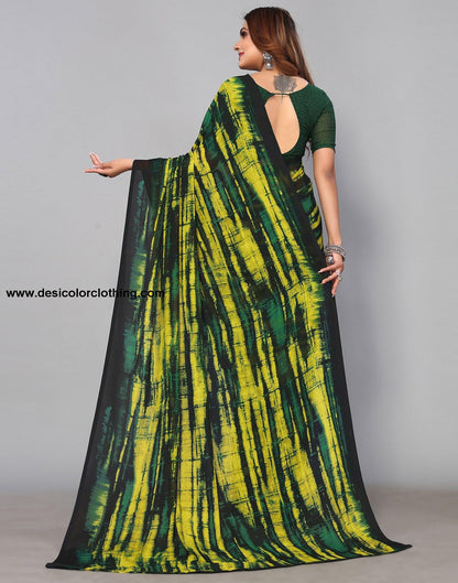 Dark Green & Yellow Georgette Printed Saree