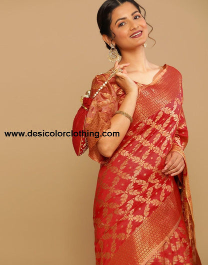 Red Coloured Banarasi Cotton Silk Saree