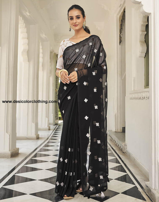 Black Printed Georgette Embroidery Saree