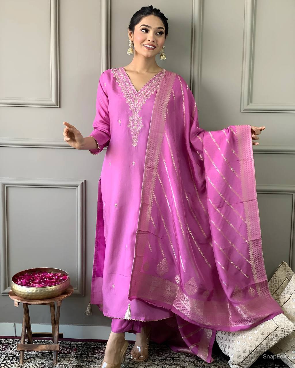 Product Image - Elegant Viscose Chanderi Designer Kurta Pant with Organza Silk Dupatta - Festive Wear