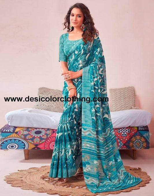 Dusty Teal Blue Georgette Printed Saree