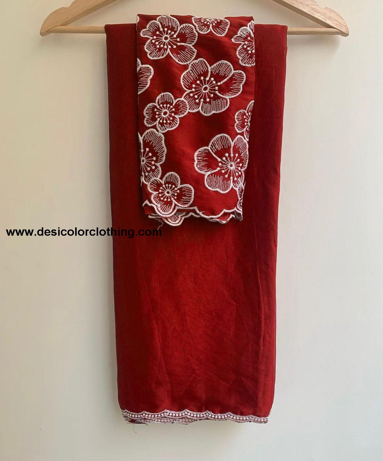 White Rose Chinon Saree with Multi-Embroidery and Piping Work