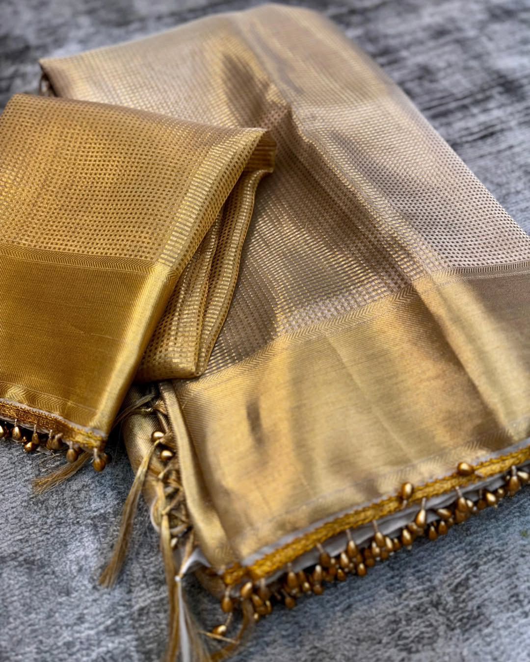Product Image - Elegant Golden Tissue Silk Saree Inspired by Nayanthara Mam | Designer Antic Gold Border